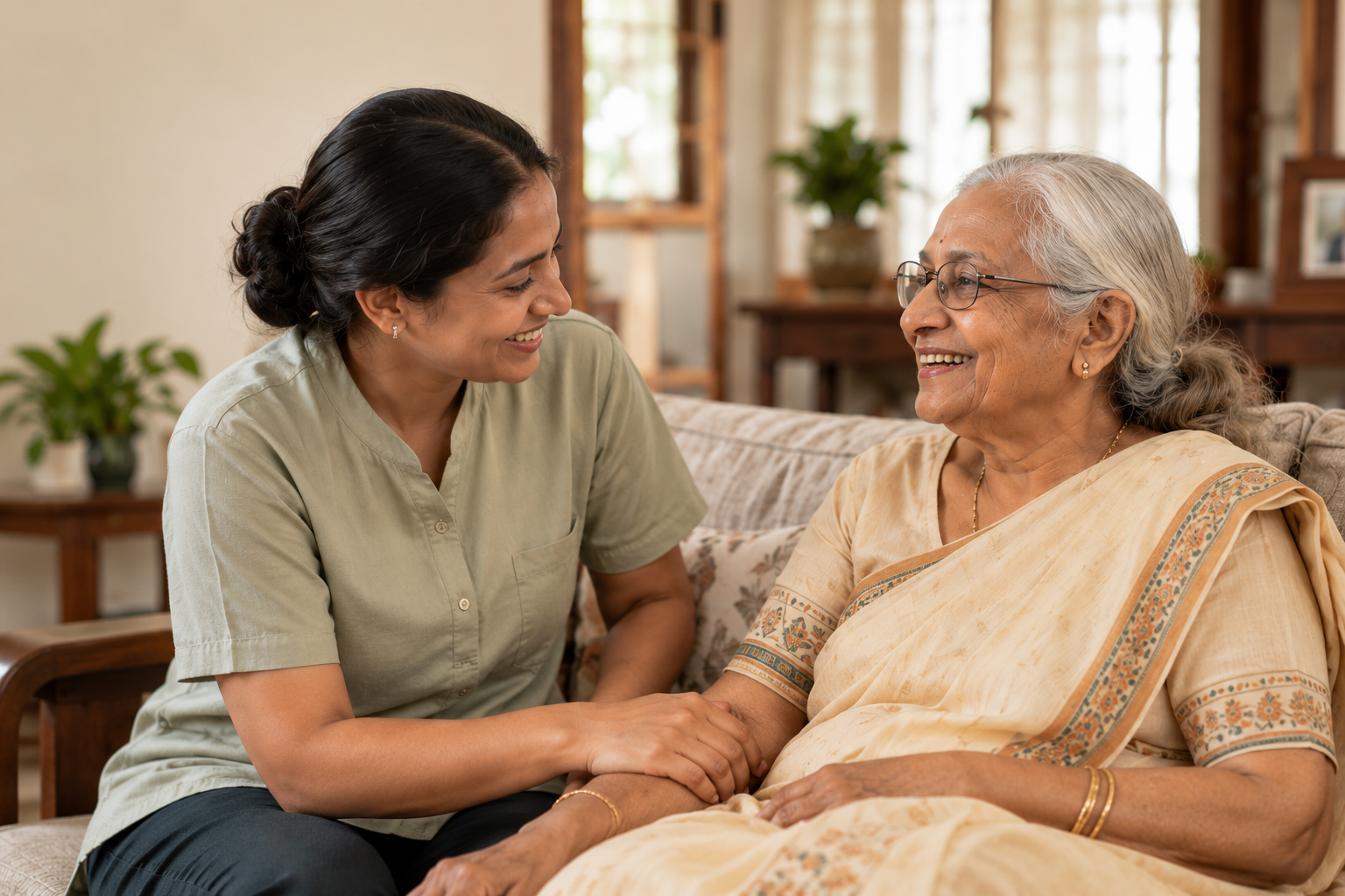 A caregiver and an older woman sharing a warm moment at home